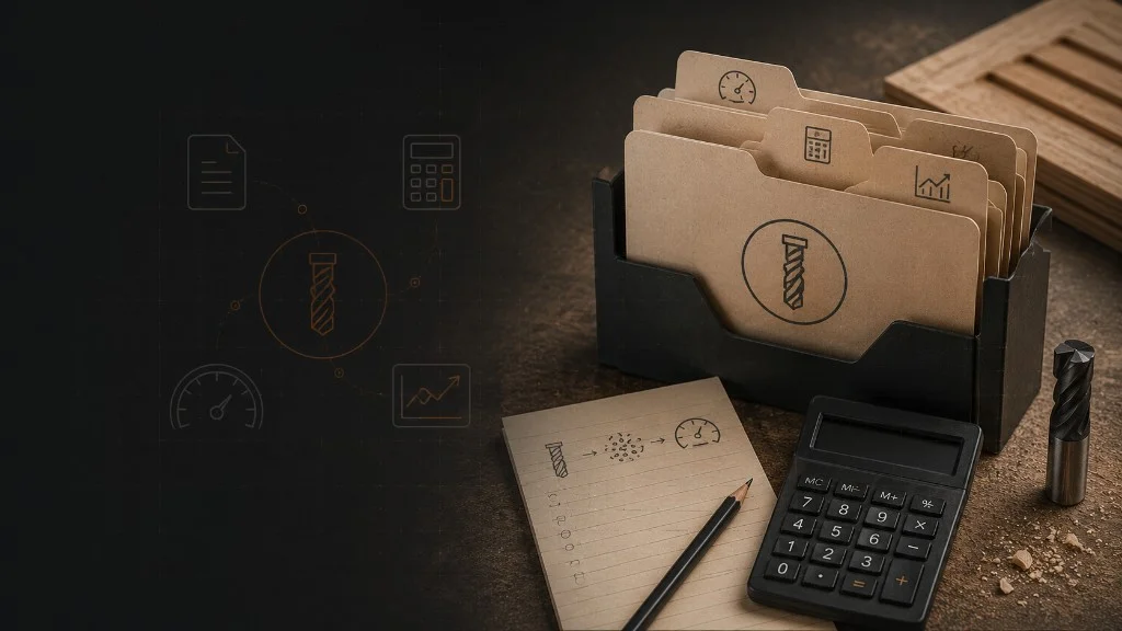 CNC chip load planning desk with router bit, calculator, and feed-rate diagram — Mantech UK