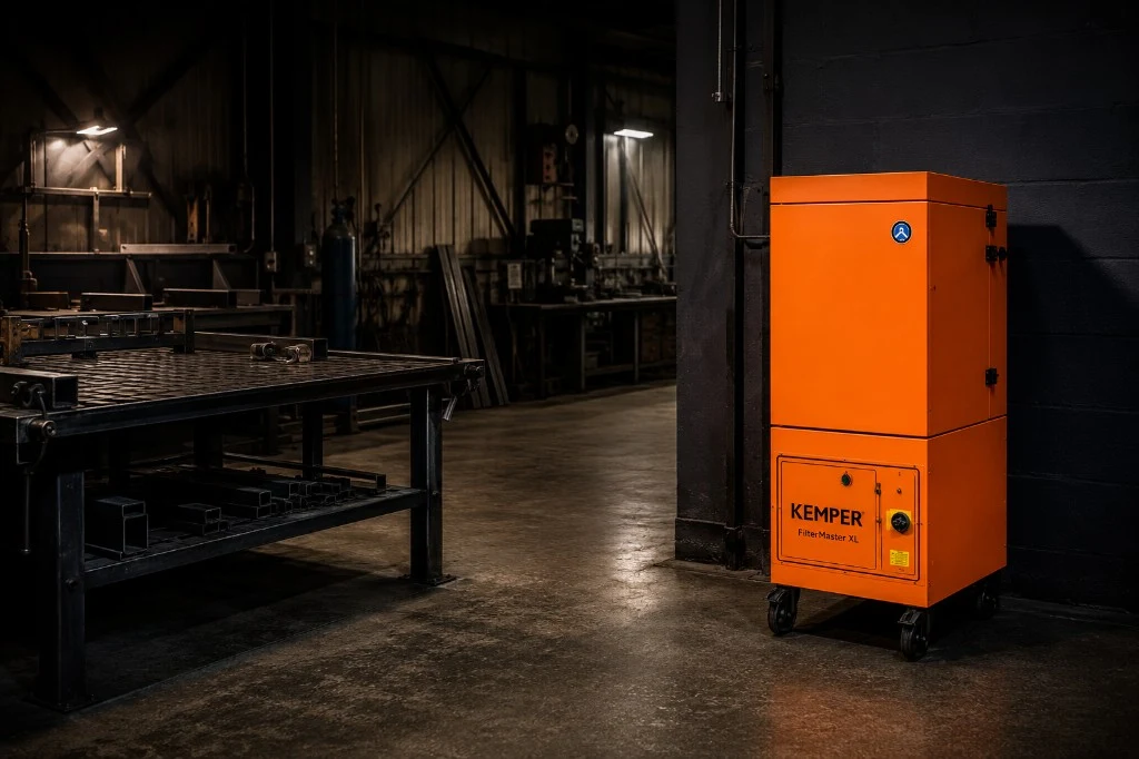 Kemper FilterMaster XL mobile extraction unit in a UK fibre laser workshop