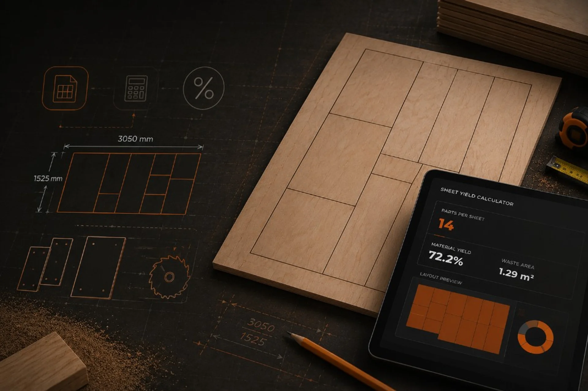 Sheet yield calculator — nested plywood sheet, technical drawings, and tablet showing parts per sheet and material yield