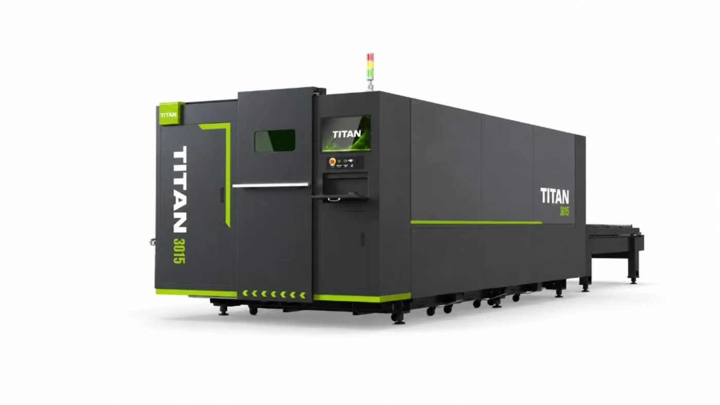 Titan F3015C operator station with FSCUT CNC control monitor and enclosed cutting zone