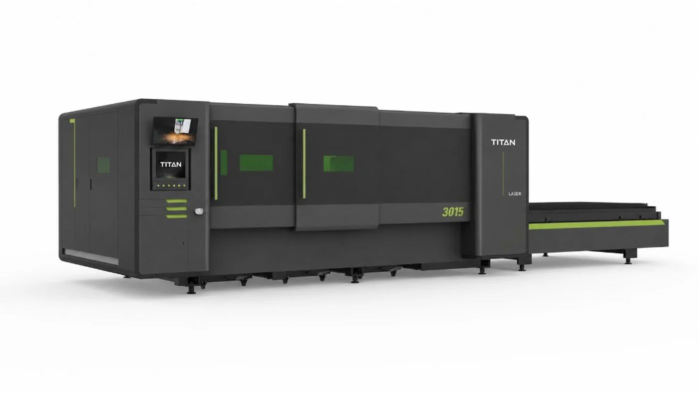 Titan FP3015 dual-shuttle flatbed fibre laser — premium production platform with exchange table and enclosed work zone