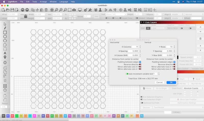 The array feature in Lightburn Software for laser cutters.